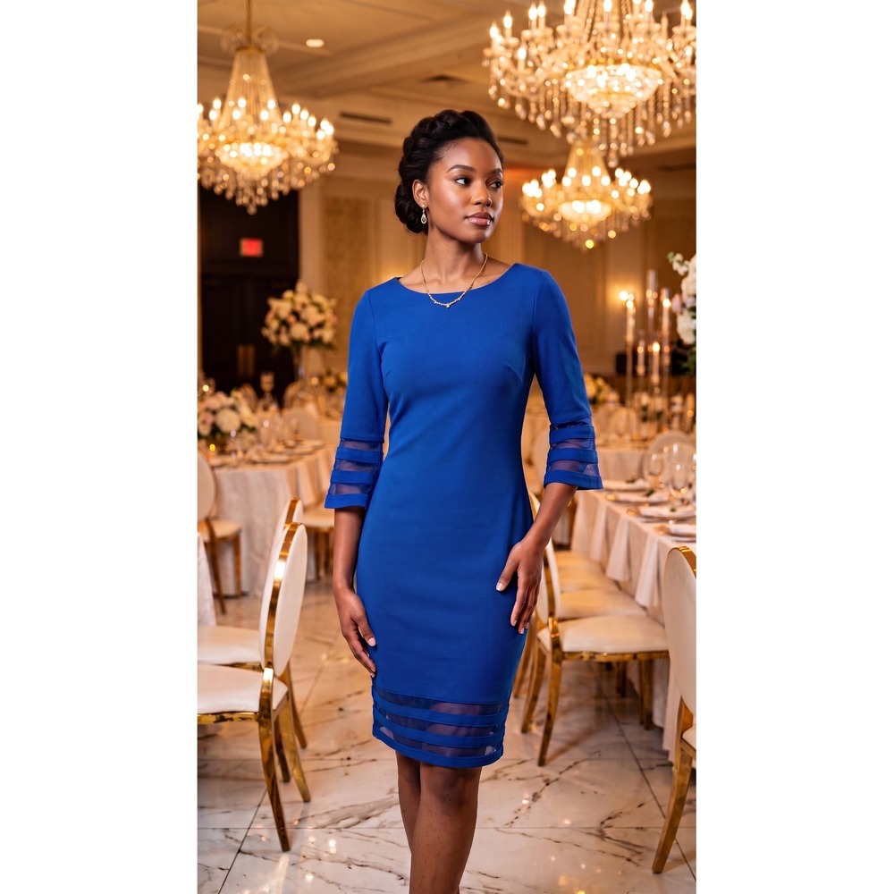 Calvin Klein Women's Blue Solid Boat Neck Sheer Mesh 3/4 Bell Sleeve Dress 14